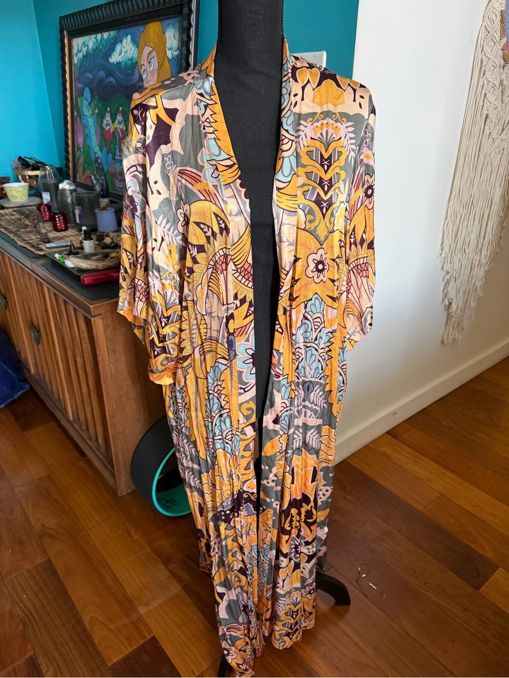 Women's Floral Print Long Kimono Robe - Yellow Multi